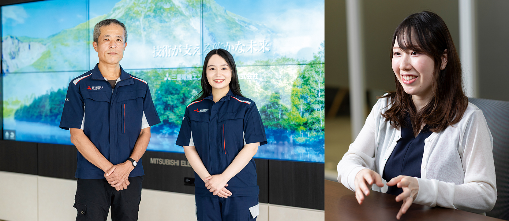 (写真左)姫路事業所受付にて田原と亀井。(写真右)本社にて齋藤。
