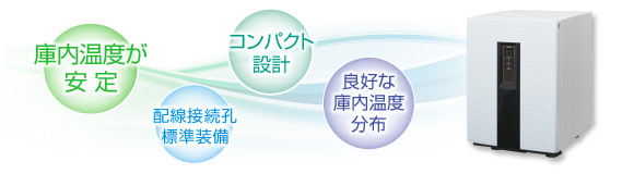 庫内温度の安定、コンパクト設計、配線接続孔の標準装備、良好な庫内温度分布